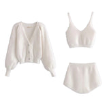 White Mohair V-neck Single-breasted Knitting Coat Jacket Halter Short Vest Shorts Hot Pants Three-piece Set