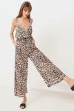 Leopard Print Suspenders Jumpsuit Lace-up Rompers Wide Leg Pants