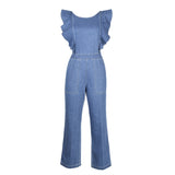 Lace-up Ruffled Denim Jumpsuit Backless Sleeveless Rompers