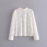 Embroidered Daisy Design Back Hollow Bubble Sleeve Stand Collar Shirt  