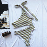 One Shoulder Lace-up Striped One-piece Swimsuit