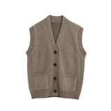 Khaki Knitting V-neck Single-breasted Vest Shorts Cardigans Two-piece Set