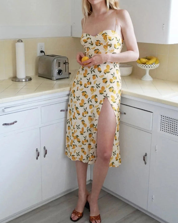 Tube Top Lace-up Lemon Floral Split Midi Dresses