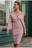 Deep V-neck Elegant Sweater and Bodycon Midi Dresses Two-piece Set