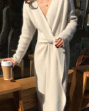 V-neck Cross Straps Long Knit Cardigan Midi Dresses White