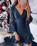 V-neck Ruffled Flared Sleeve Lace Mini Dresses