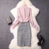 Pink Flocked Fungus Shape Collar Bow Chiffon Top & Diamond Plaid Skirt Dress Suit wt8181932285