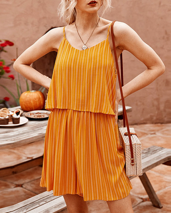 Striped Suspenders Jumpsuit Casual Shorts Rompers