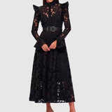 Floral Embroidered Crochet Stand Collar Midi Dresses