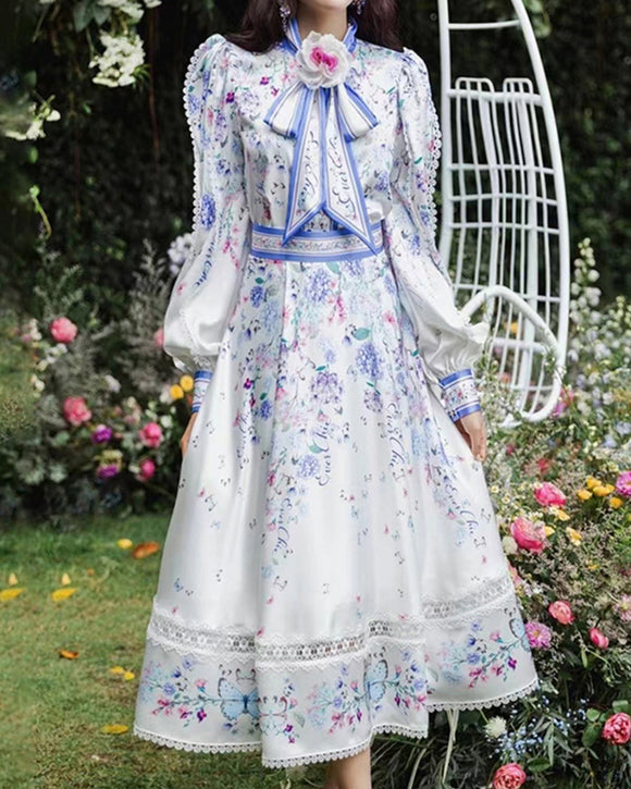 Long Bubble Sleeve Floral Midi Dresses