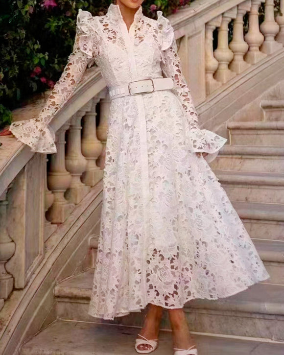 Floral Embroidered Crochet Stand Collar Midi Dresses