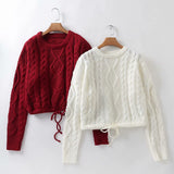 Knit Round Neck Lace-up Vintage Sweaters Crop Tops