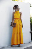 Yellow Wave Bohemian Boho Printed Hanging Neck Straps Maxi Dresses