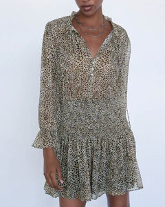 V-neck Leopard Single-breasted Lace-up Mini Dresses
