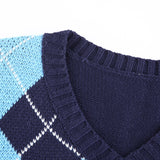 Suéter de chaleco de punto con cuello en V de celosía azul