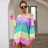 Suéter largo suelto con cuello en V y rayas arcoíris para mujer 