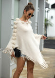 Floral Tassel Fringed Pullover Pompom Collar Sweater Cloak Shawl Cape