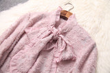Pink Flocked Fungus Shape Collar Bow Chiffon Top & Diamond Plaid Skirt Dress Suit wt8181932285