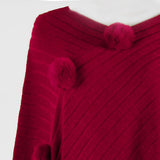 Pullover V-neck Collar Pompom Hypotenuse Sweater Cloak Shawl Cape Cardigans