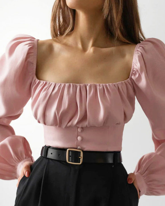 Square Collar Puff Sleeve Shirred Frill Shirts Crop Tops