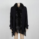 Tassel Fringed Cloak Shawl Fur Collar Sweater Cape Cardigans