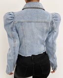 Single-breasted Puff Sleeve Denim Outerwear Cardigans
