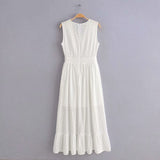 V-neck Hollwed-out Embroidered Maxi Dress Cotton Ruffled Dress