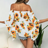 Off Shoulder Flared Sleeve Tops Sunflower Printed Blouse