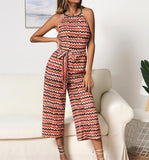 Halter Strappy Jumpsuit Rainbow Wavy Rompers Cropped Pants