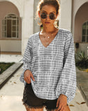 Women V Collar Ncek Printed Square Long Sleeve Tight Cuff Loose Shirt