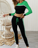 Round Collar Lace-up Long Sleeve Two-piece Stitching Color Sport Set Home Workout Fitness