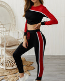 Round Collar Lace-up Long Sleeve Two-piece Stitching Color Sport Set Home Workout Fitness