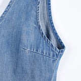 Elastic Belt Denim Vest And One-piece Shorts