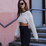 Backless Hollow-out Round Neck Sweaters Crop Tops White