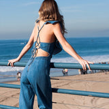 Lace-up Ruffled Denim Jumpsuit Backless Sleeveless Rompers