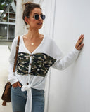 Women V-Collar Camouflage Splice Single Breasted Long Sleeve Sweater Cardigan