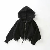 Suéter con borlas y manga de murciélago con capucha Cárdigan de punto con cremallera Negro