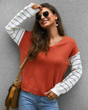 Women V-Collar Contrast Color Splicing Long Sleeve Sweater