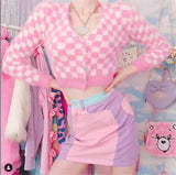 Pink Mink Single-breasted Checkerboard Navel Knitting Cardigan