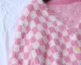 Pink Mink Single-breasted Checkerboard Navel Knitting Cardigan