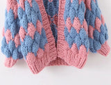 Contrast Lantern Sleeve Argyle Pattern Knit Cardigans