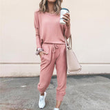 Round Collar Lace-up Long Sleeve Casual Two-piece Sport Set Home Workout Fitness Home Outfit