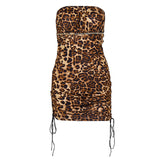 Mini vestidos de leopardo floral sin tirantes con cordón sin espalda