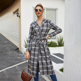 Classic Grid Plaid Hooded Cardigan Strappy Coat Outerwear