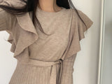 Lace-up Ruffled Flounces Splicing Knit Sweater Midi Dress