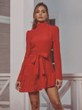 Red High Collar Long Sleeve Ruffle Mini Dresses