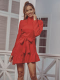 Red High Collar Long Sleeve Ruffle Mini Dresses