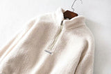 Zipper High Collar Lambswool Drawstring Crops Tops Sweatshirts