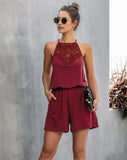 Lace Hollow Out Sleeveless Backless Hanging Neck Jumpsuit Rompers Home Workout Fitness Home Outfit