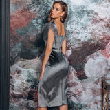 Square Collar Velvet Furry Sleeve Backless Party Midi Dresses
